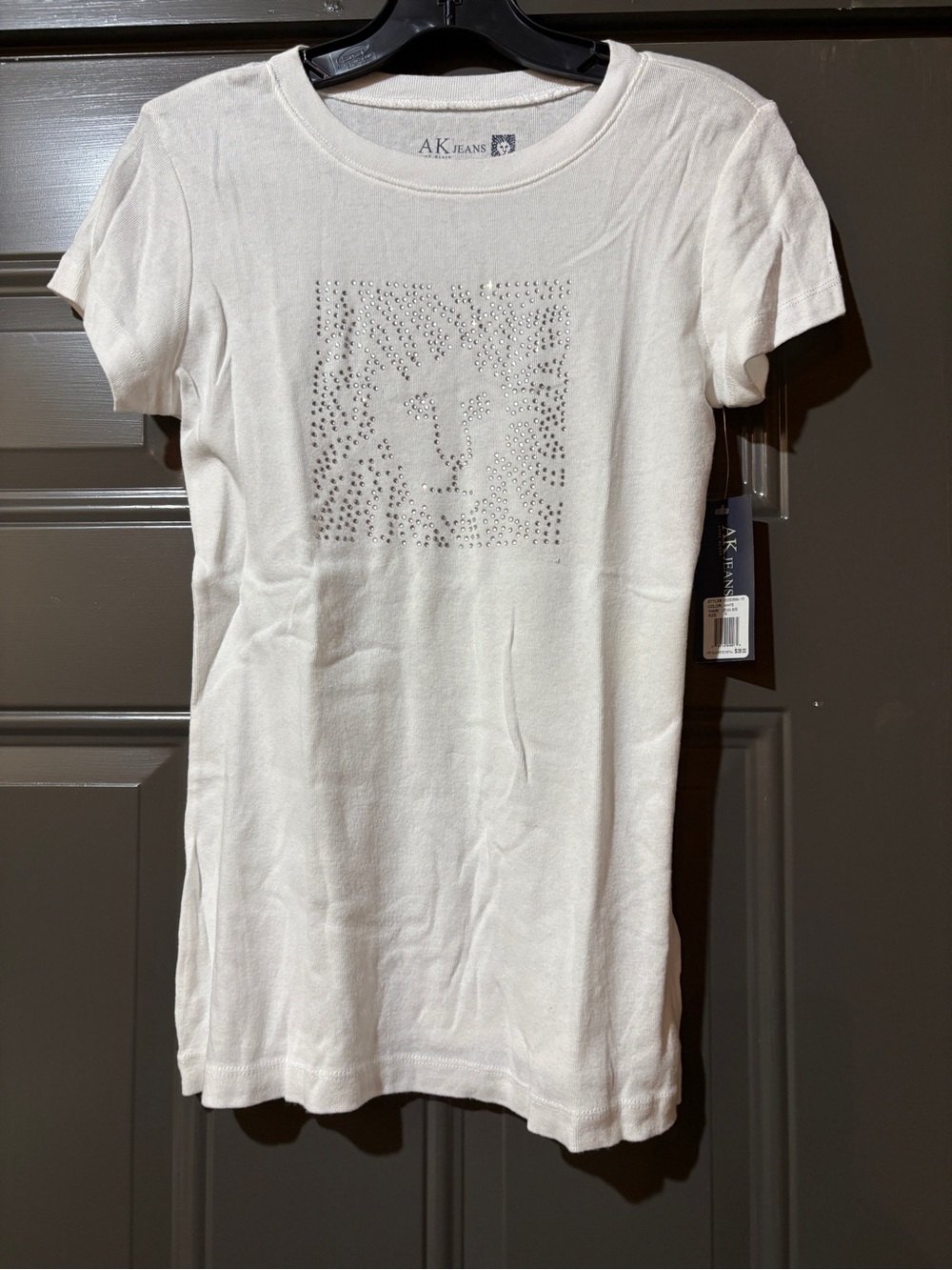 AK Jeans Women's White Short Sleeve Rhinestone Lion Tee